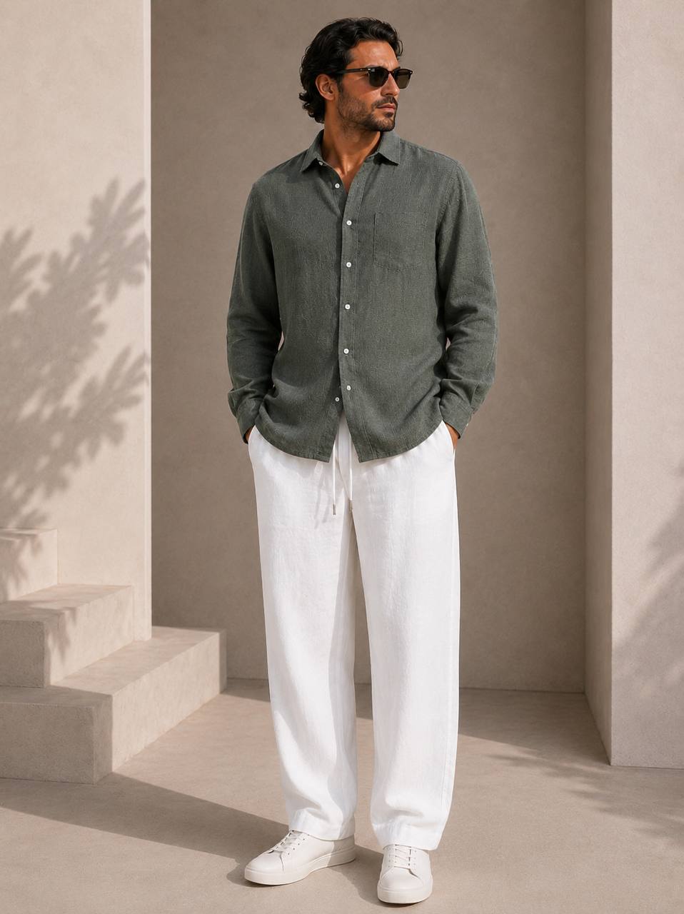 Classic Oversized Linen Shirt – Dark Olive
