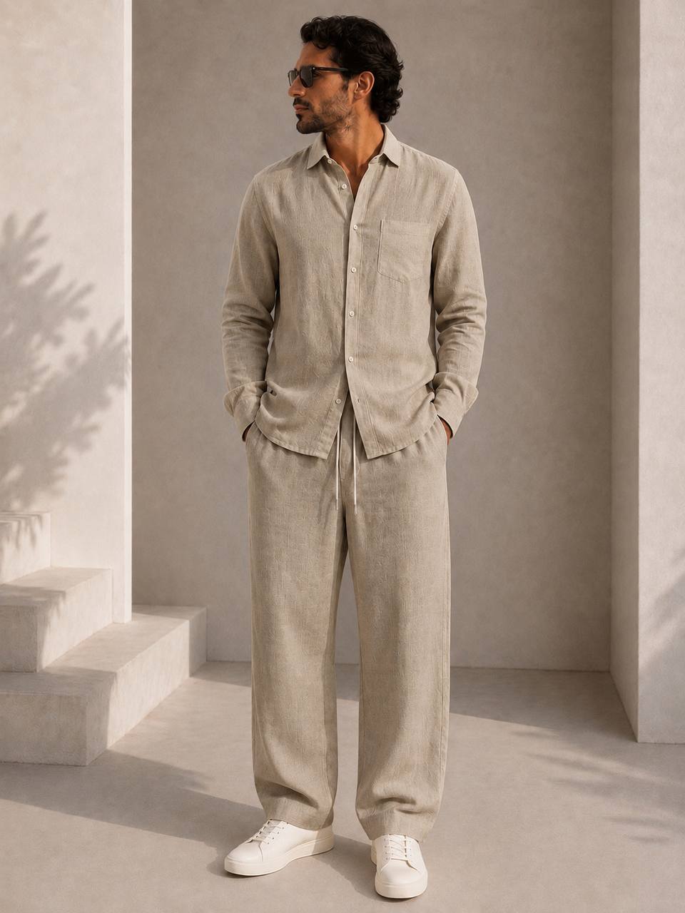Classic Oversized Linen Set – Dark Beige