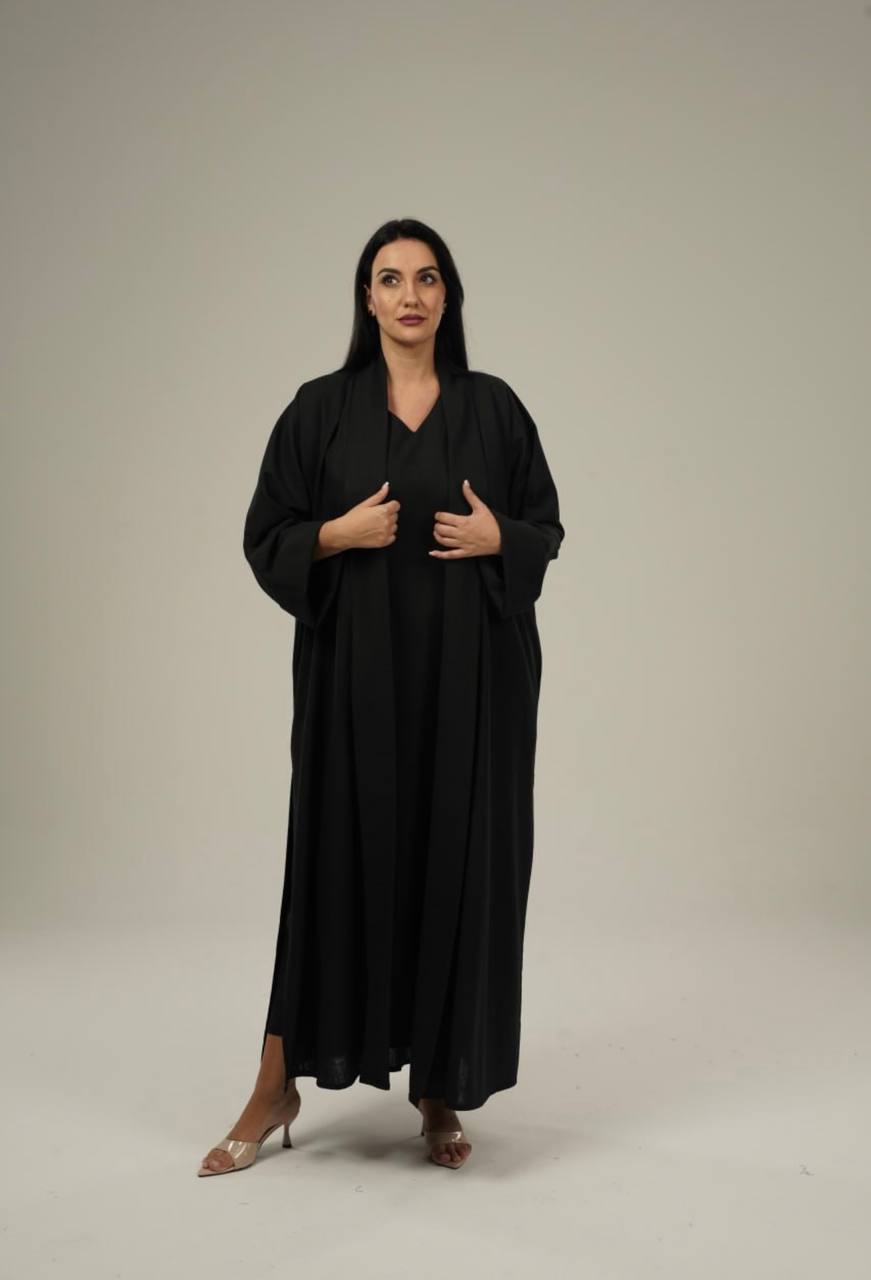 طقم عباية كتان أسود